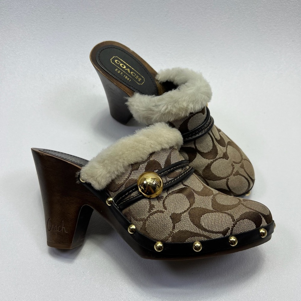 Coach Ivanka Wooden Clog Mules 7M Brown Signature Canvas Monogram Shearling Trim